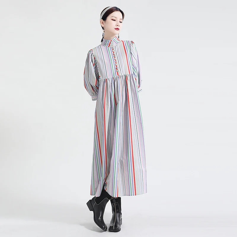涼しげシャツワンピ復古 混色 虹色違いのレインボーストライプ ワンピース母の日特典LFZ85