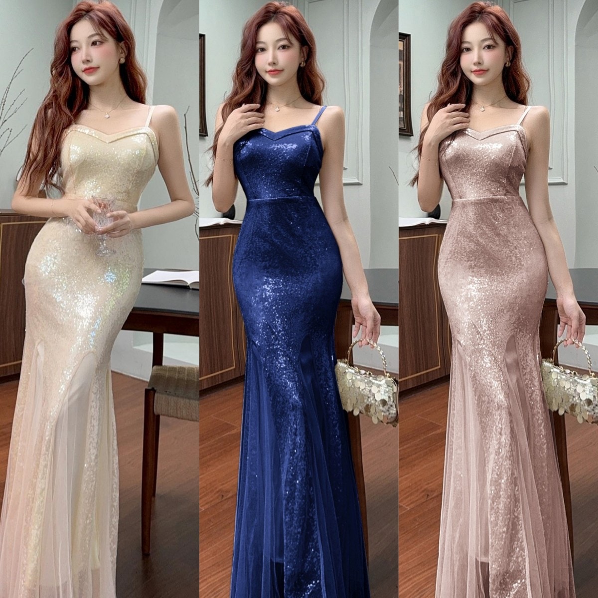 【急速出荷】送.料.無.料.スパンコール 宴会 スリムVネック ロングスカート 結婚式OL正式な場合礼装 誕生日/成人式 ドレス