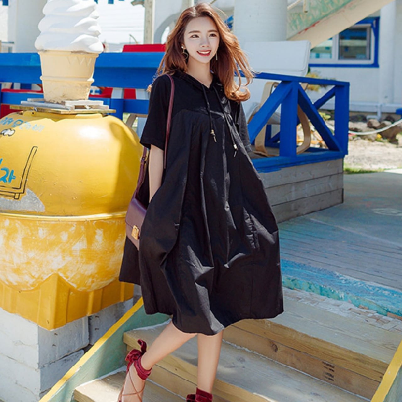 ワンピース スカート レディース フード付き ミドル丈 プルオーバー ルーズウエスト 主役級 存在感 デート ママ 女性 おしゃれ お洒落 可愛い 半袖 通学 学生 通勤 OL オフィス 10代