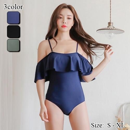 【グラシア】 水着 モノキニ レディース ビーチウェア スイムウェア 流行 海 プール オフショル シック フリル ボディライン 大人 大判フリル ネイビー ブラック カーキ S M L モノキニ 5,087円