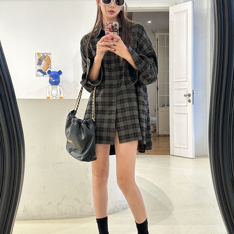 緑 チェック シャツ レディース 長袖 アウター ゆったり リラックス風 chic 高級 レトロ シャツ カーディガン アウター662