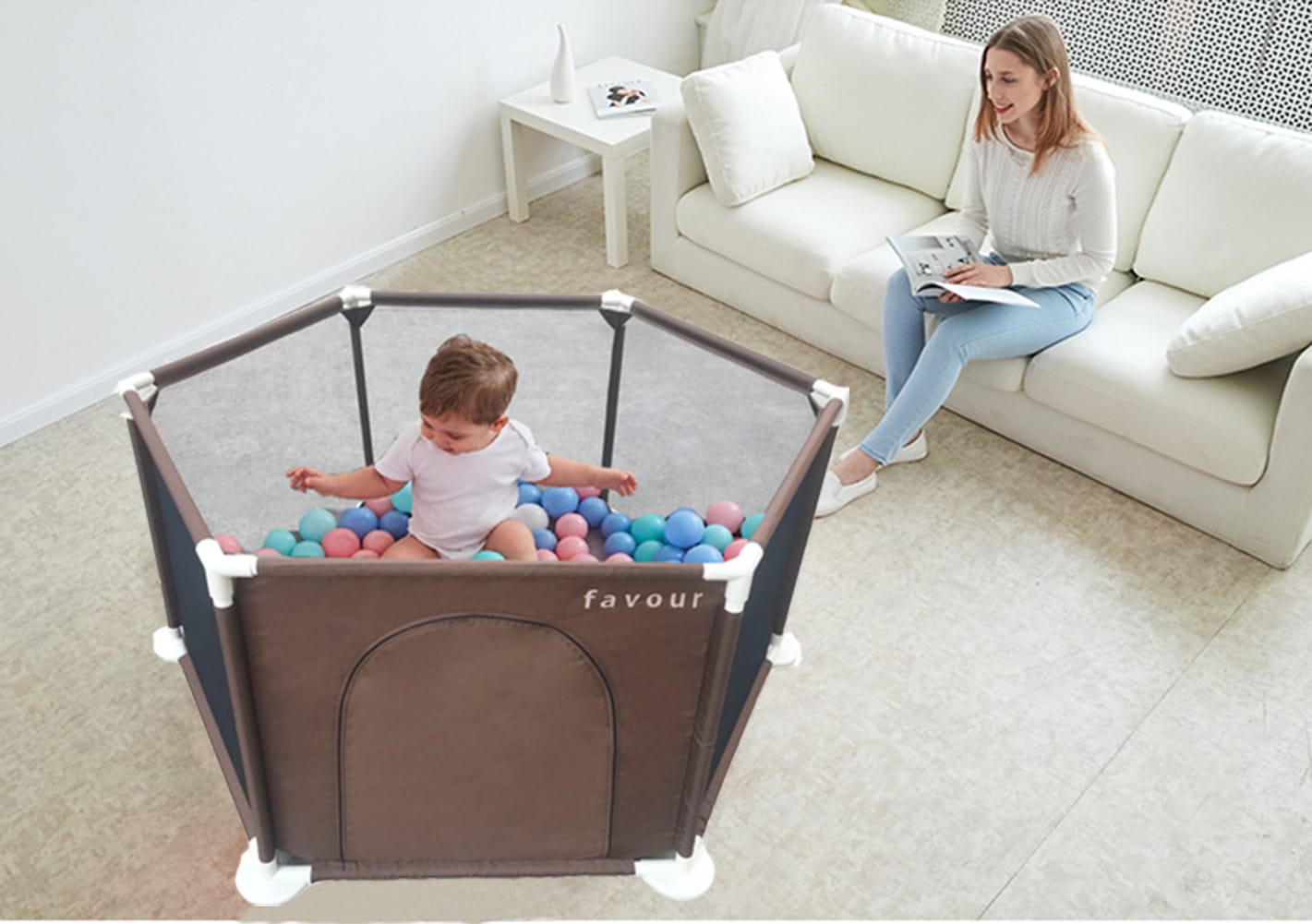 ベビー サークル キッズ 子供 赤ちゃん 安全 グッズ ゲージ サークルマット ソフトベビーサークル 簡単組み立て 六角形 洗える ベビーサークル ブラウン