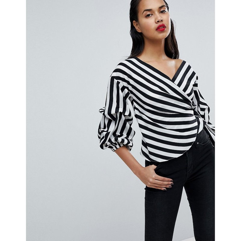 ミスガイデッド レディース トップス【Missguided Striped Exaggerated Sleeve Wrap Top】Black/white ミスガイデッド レディース トップス【Missguided Striped Exaggerated Sleeve Wrap Top】Black/white