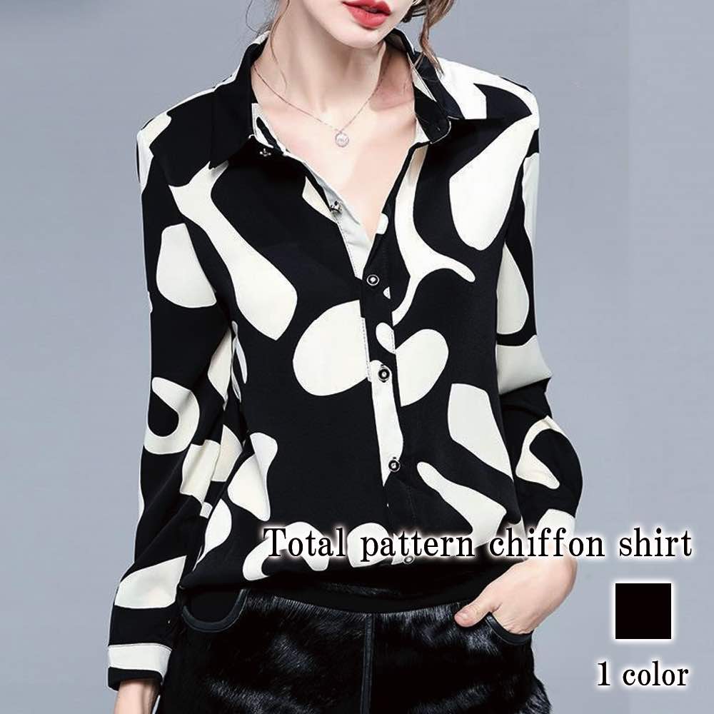 シャツ レディース 総柄シフォンシャツ ロゴ 大人 ブランド 秋 かわいい 春 麻 形態安定 襟付き ブラウス カジュアル 事務服 暖かい 長袖 おしゃれ スポーツ ゆったり しわになりにくい Tシャ