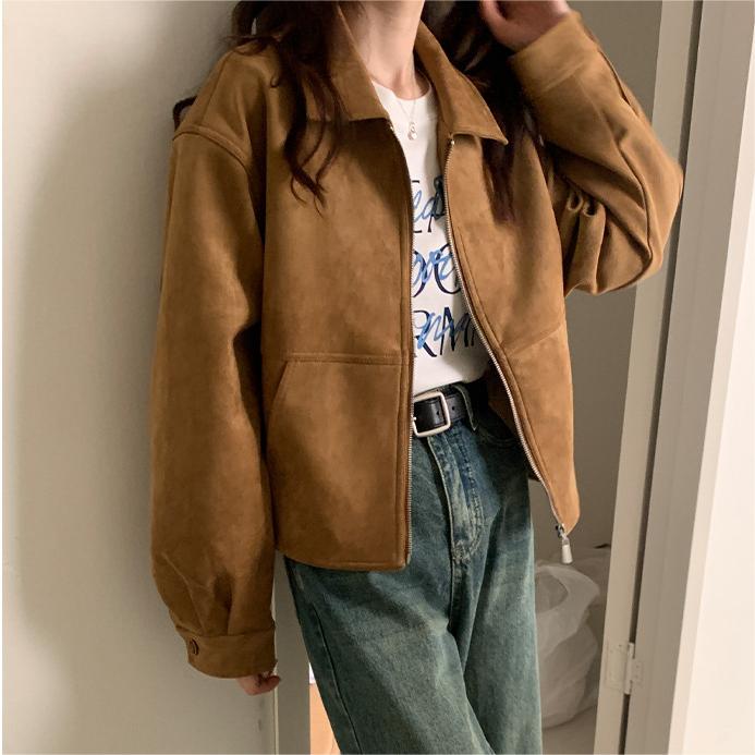 韓国デザイン秋冬新作カジュアルブラウンブルゾン