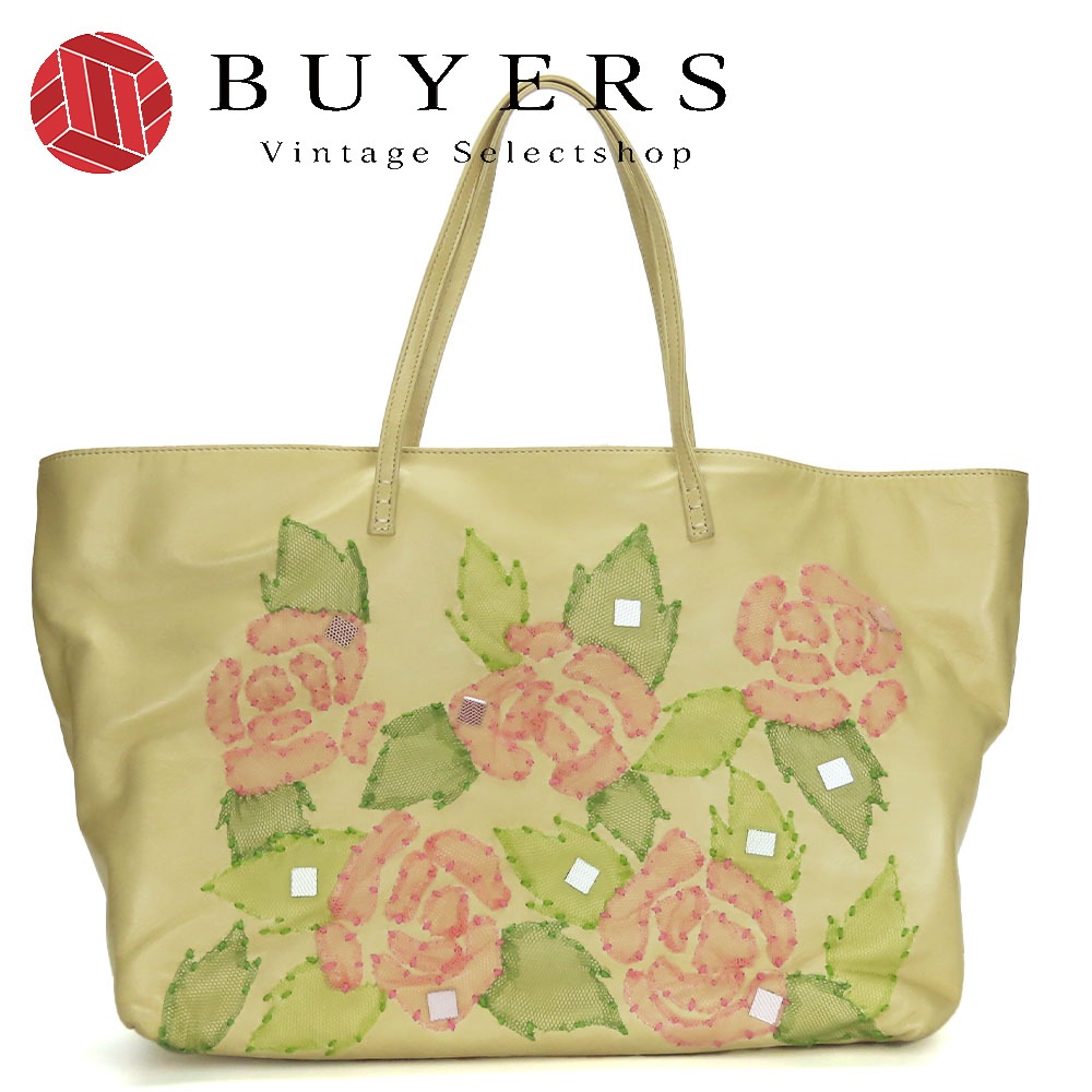 中古 トートバッグ ロールバッグ レザー ベージュ ピンク グリーン シルバー金具 肩掛け 花柄 A4対応 レディース 女性