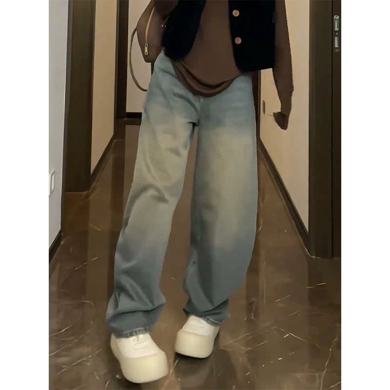 アメリカン ハイウエスト ウォッシュ 加工 ダメージ ストレート ワイド レッグ ジーンズ スリム パンツ