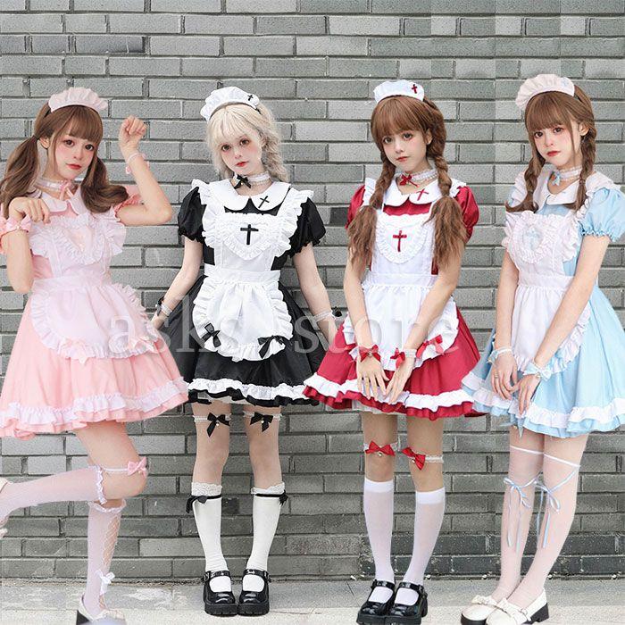 【短納期】超低価 格コ アニメ コスチューム 仮装 可愛い レース カチューシャ メイド ウェイトレス フルセット ワンピース クリスマス 4色 コスプレ衣装 メイド服 レディースLolita