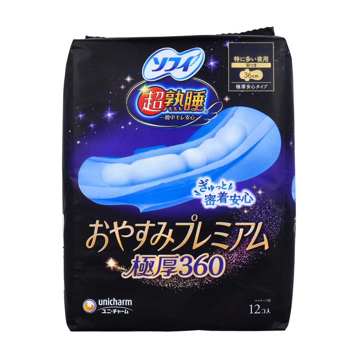 生理用ナプキン ユニ・チャーム 超熟睡 一晩中モレ安心 おやすみプレミアム 極厚360 極厚安心タイプ 特に多い夜用 羽つき 36cm 12個入り X6パック