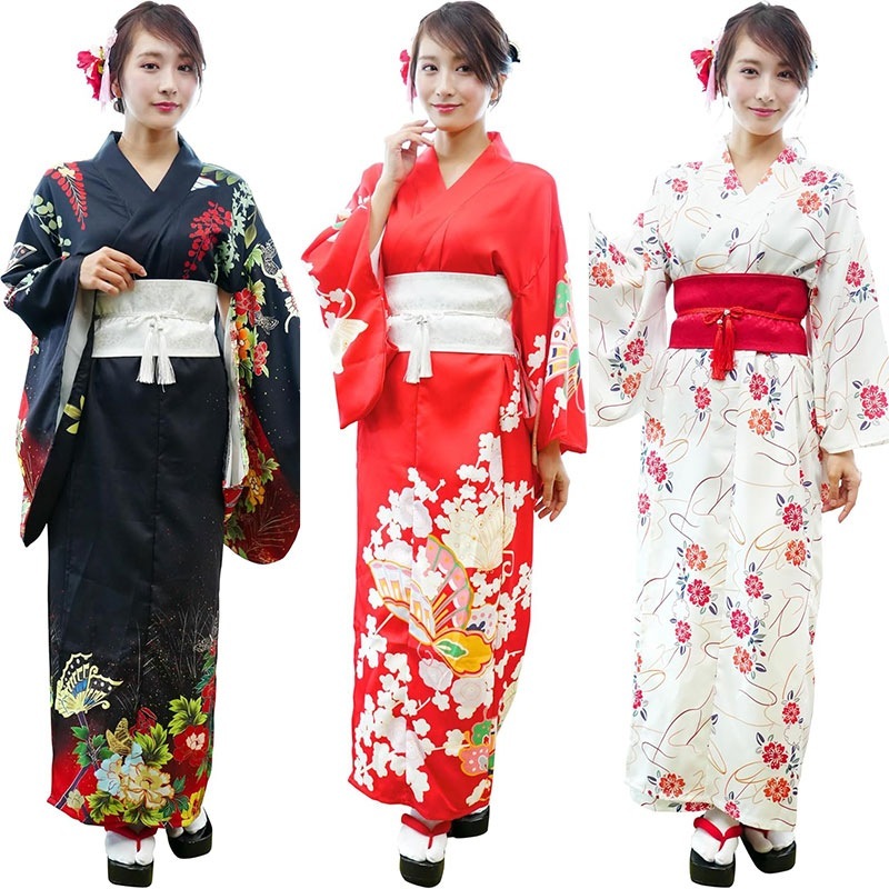 コスプレ レディース着物セット 黒牡丹/朱蝶/白花 レディース フリーサイズ ブラック/レッド/ホワイト[ladies-kimono]