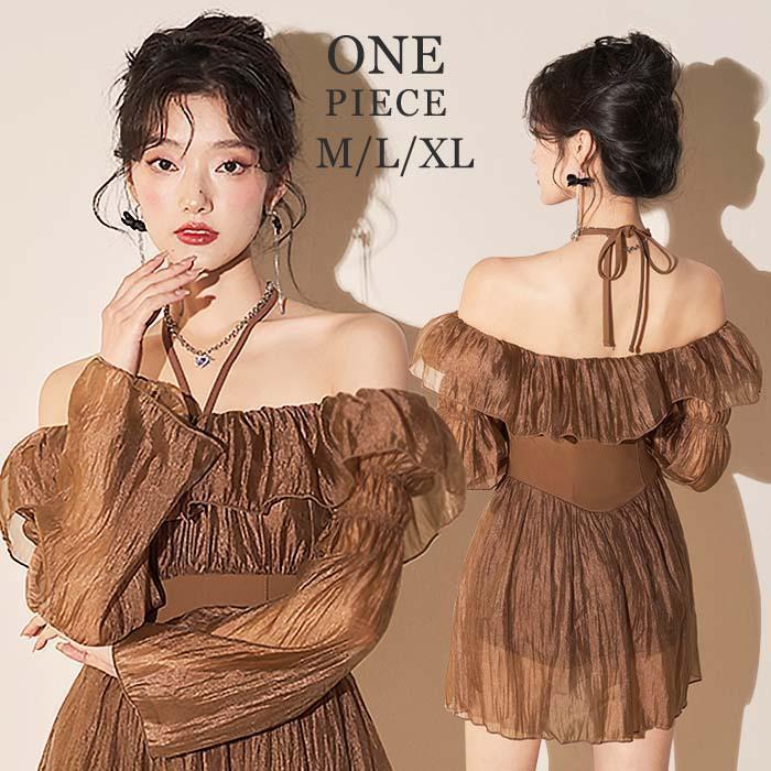 高級タイプの水着 水着 夏 レディース ワンピース 春 体型カバー ワンピース 春水着 夏 シフォン生地 オフショルダー ガーリー 可愛い 水着 夏