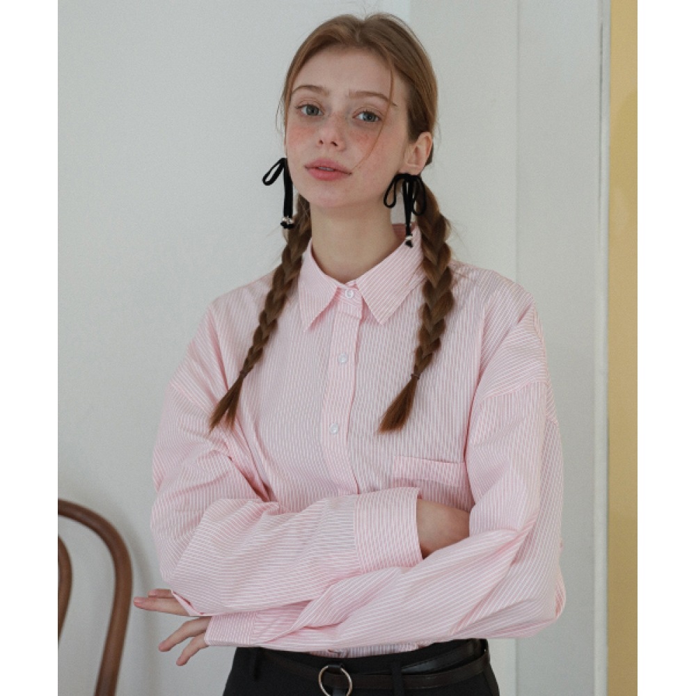 LOSSYROW ティッキングオーバーサイズストライプシャツピーチ