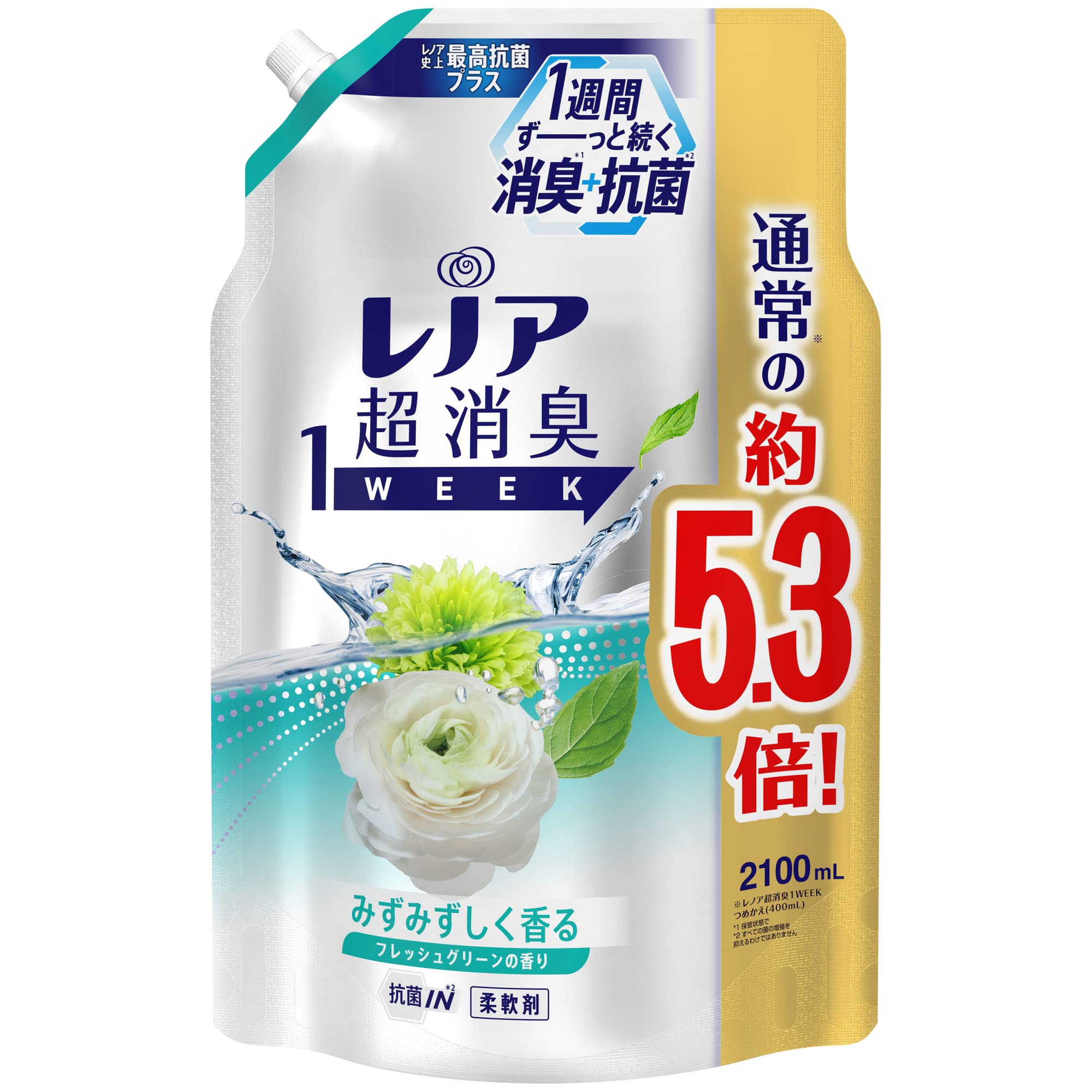大容量 超消臭1WEEK 柔軟剤 フレッシュグリーン 詰め替え 2,100mL