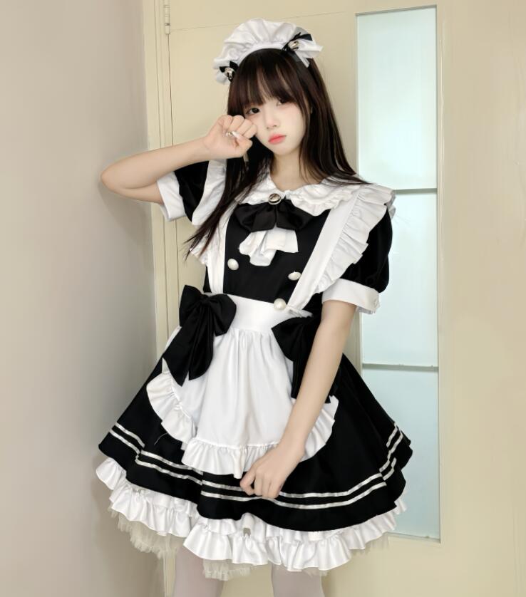 半袖 メイド服 ロリータワンピース メイド コスプレ 服 背中 可愛いリボン ロリータ服 レディース ハロウィン コスプレ 衣装 可愛い エプロンワンピース 喫茶店 メイド コスプレ衣装 学園祭 文化