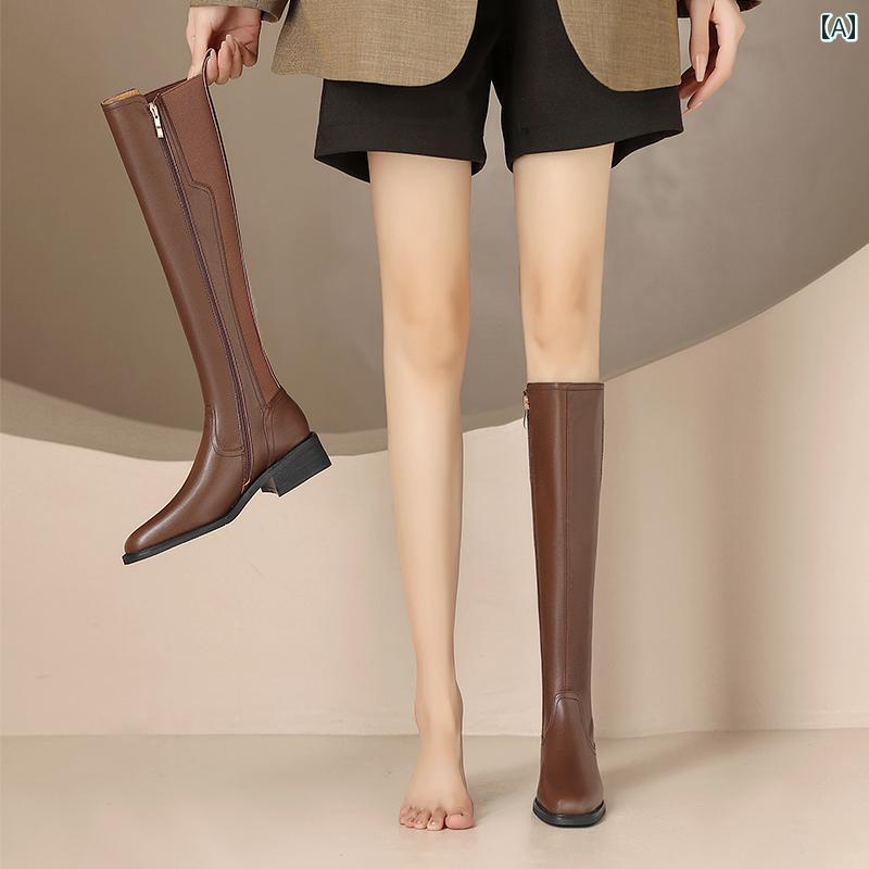 ロングブーツ レディース タイトフィット シンプル おしゃれ スタイルアップ 秋冬 ブーツ ナイト ブーツ 身長増し 厚手 ヒール ブーツ 女性 スリム ブラウン 膝上 ブーツ