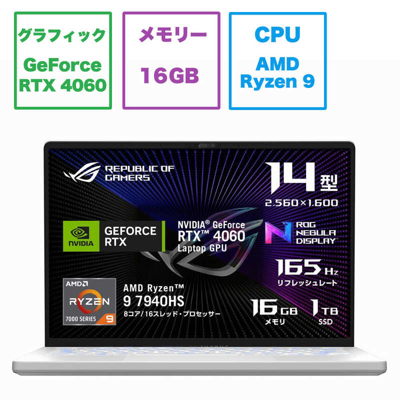 ASUS エイスース　ゲーミングノートパソコン ROG Zephyrus G14 ムーンライトホワイト ＋ AniMe Matrix ［14.0型］　GA402XV-R9R4060WL 114,900円