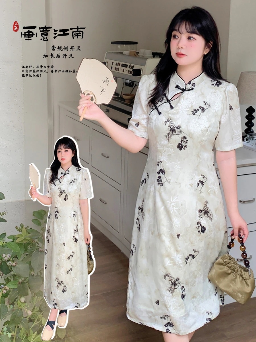 【ぽちゃまに】 夏 チャイナドレス 大きいサイズ 中華風 長/短2タイプ 体型カバー レトロ 柄ワンピース レディース ロングワンピース メガ割 福袋