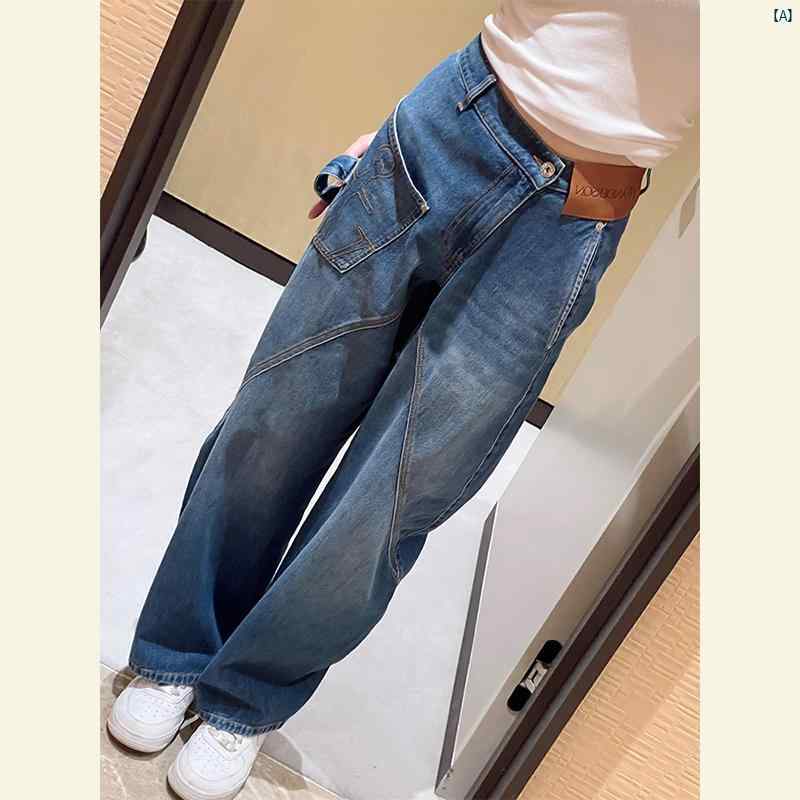 レディース ファッション おしゃれ 海外 ネット パンツ スリム非対称 ウエスト ワイド レッグ ブルー ジーンズ