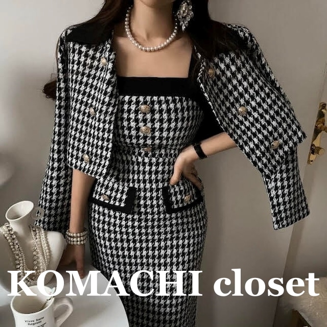 千鳥格子柄ジャケットワンピーススーツ ワンピーススーツセットアップ ノーカラージャケット ノースリーブワンピース セットアップ 2点セット 黒 ブラック 韓国 オルチャン レディース