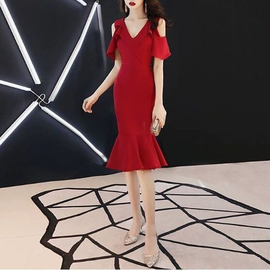 ワンピース レディース パーティードレス 30代 代 結婚式 韓国 10代 無地 半袖 フィッシュテール ミモレ丈 膝下丈 Vネック コットン 黒 赤 青 きれいめ 大人 およばれ 春夏