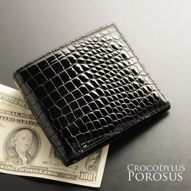 スモールクロコダイルレザー折り財布シャイニング一枚革