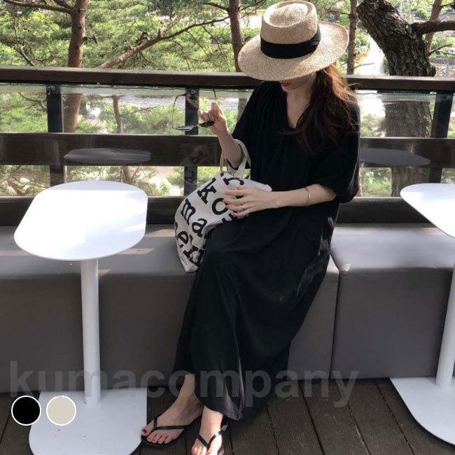 ロングワンピ 五分丈袖 レディース ワンピース Vネック 夏 半袖ワンピース ゆったり マキシ丈ワンピース 5分丈袖ワンピース オーバーサイズ