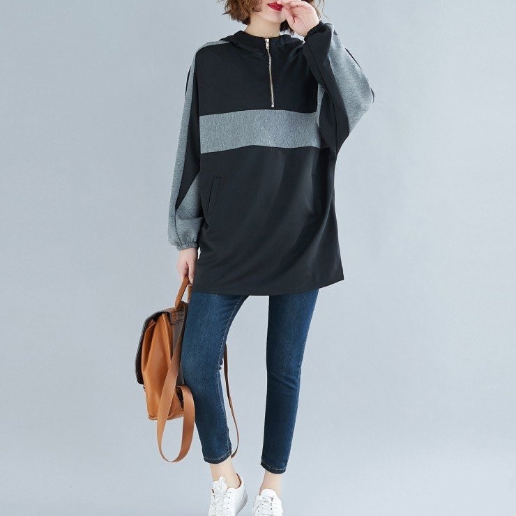 大きいサイズレディースプルパーカー配色フードつきドルマンスリーブブラック再入荷ネコポ