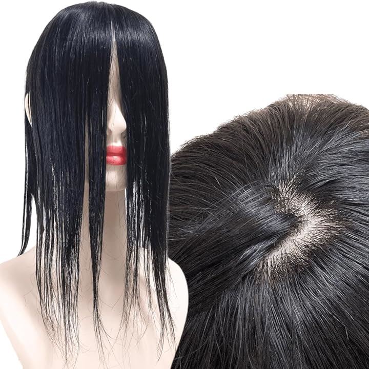 部分ウィッグ 前髪未カット センター分け 真ん中分け ヘアピース かつら 女性 レディース 人毛100% ストレート 分け目 シルク M(ナチュラルブラック, 12x13cm (M))