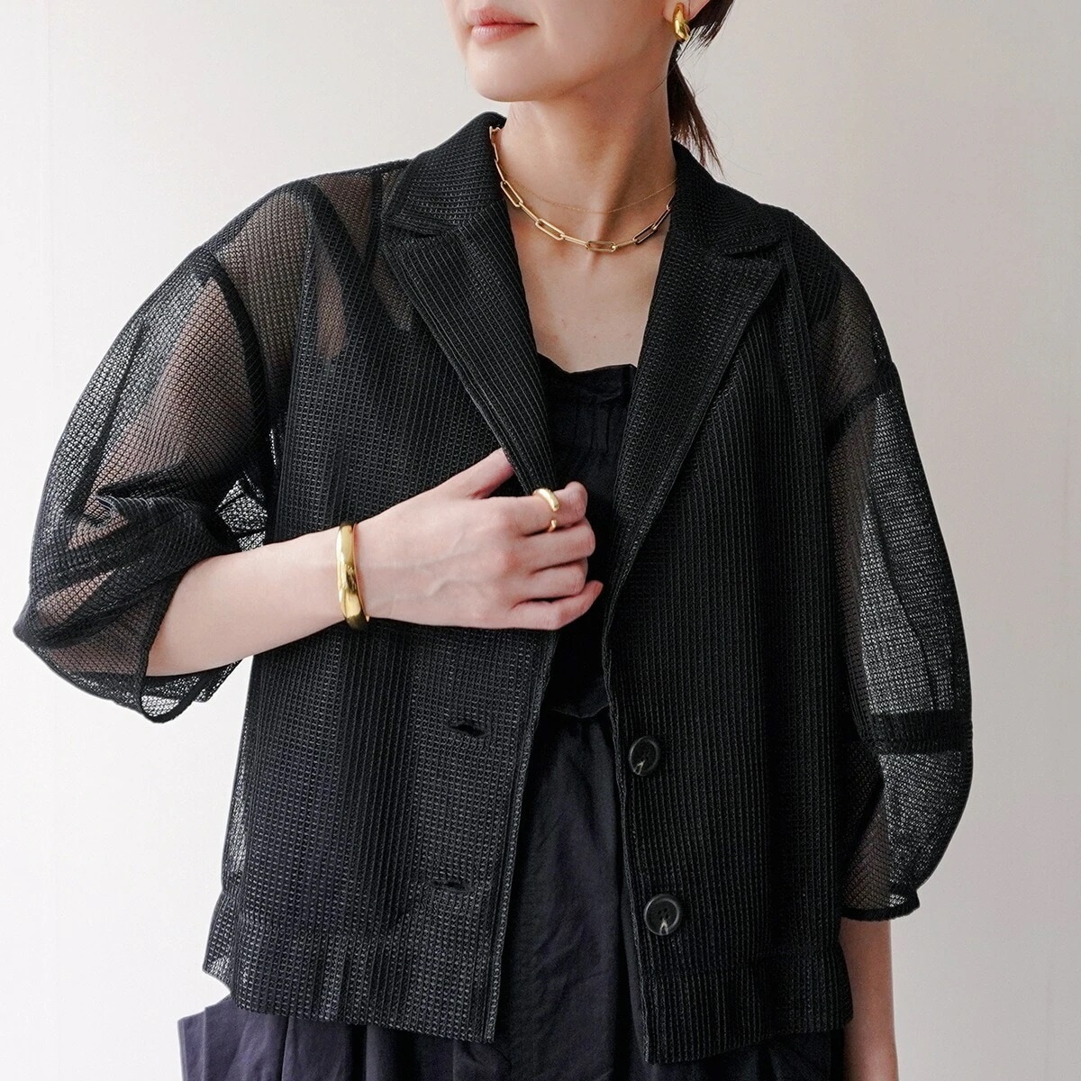 HERENCIA ヘレンチア 五分袖 ジャケット H225117 Mesh jacket レディース メッシュ ブラウス パフスリーブ シアー シングルブレスト 2 【mega】