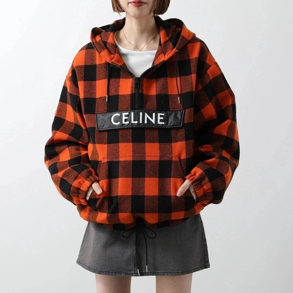 CELINE セリーヌ フーディー 2W36D055Z.20BG レディース パテッド ウール チェック柄 アノラックパーカー ロゴ プルオーバー ジャケット