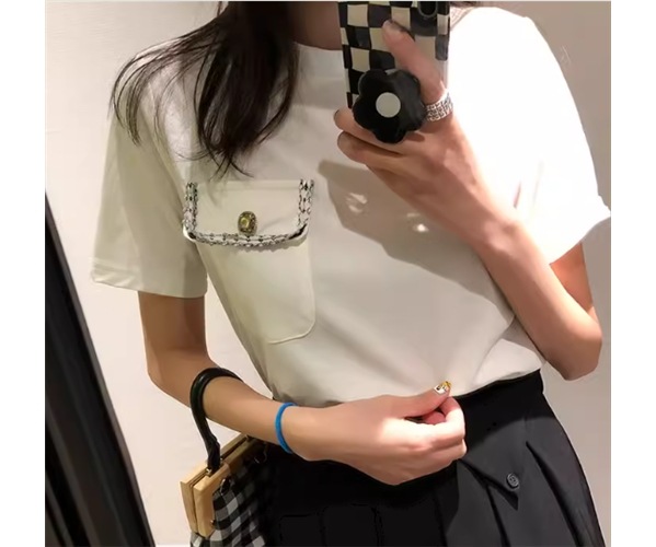 レディース トップス カットソー プルオーバー Tシャツ ミドル丈 半袖 ラウンドネック ストレート ポケット ボタン 大人可愛い きれいめ シンプル カジュアル 上品 おしゃれ かっこいい ラフ