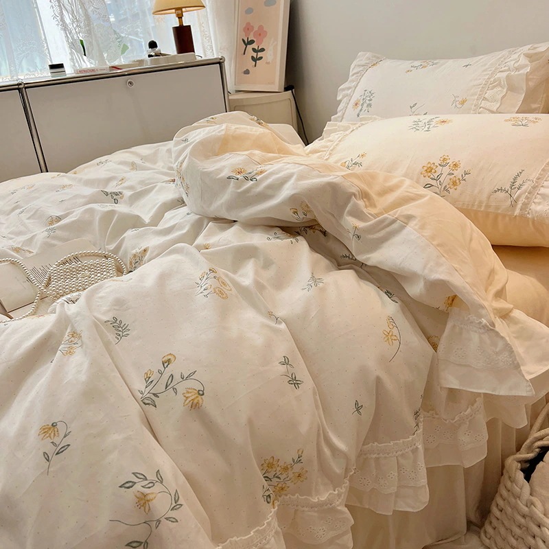 妖精のフリルコットン4ピース花柄美しいコットンキルトカバーフレッシュプリンセススタイルレース寝具