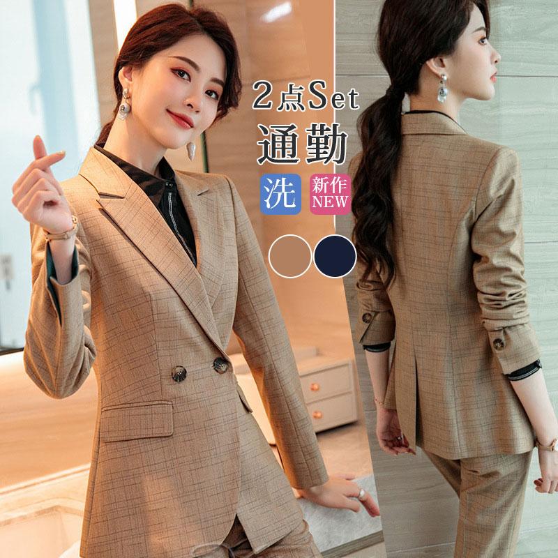 季節限定スーツセット パンツスーツ レディース チェック柄 フォーマル テーラードジャケット ビジネス 入学式 七五三 通勤 面接 オフィス 2点セット 上品