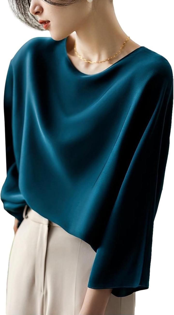 とろみブラウス レディース 七分袖 ラウンドネック シルキータッチ 無地 プルオーバー エレガント サテン風 ゆったり トップスレディース 上品 エレカジ(ピーコックブルー, 2XL)