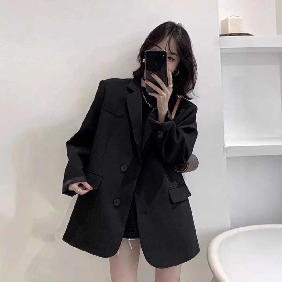 3日出荷 ブラックアウター 新作韓国風ルーズ 小柄女性用 秋 スーツ 春服 レディース