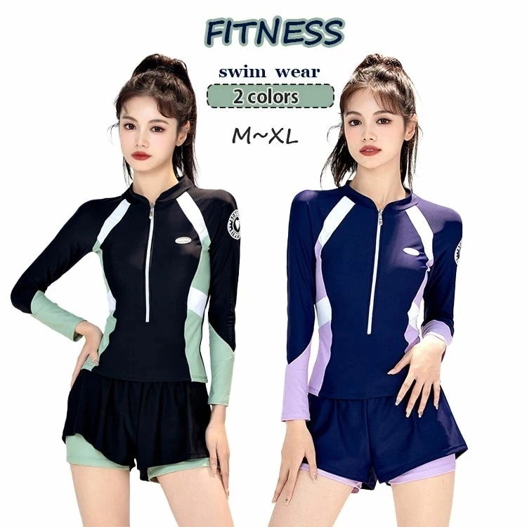 2色 水着 レディース 体型カバー セパレート 二点セット フィットネス ショートパンツ 長袖 オトナ女子 20代 30代 40代 大人 ママ水着 お洒落 かわいい セクシー おしゃれ お腹 お尻