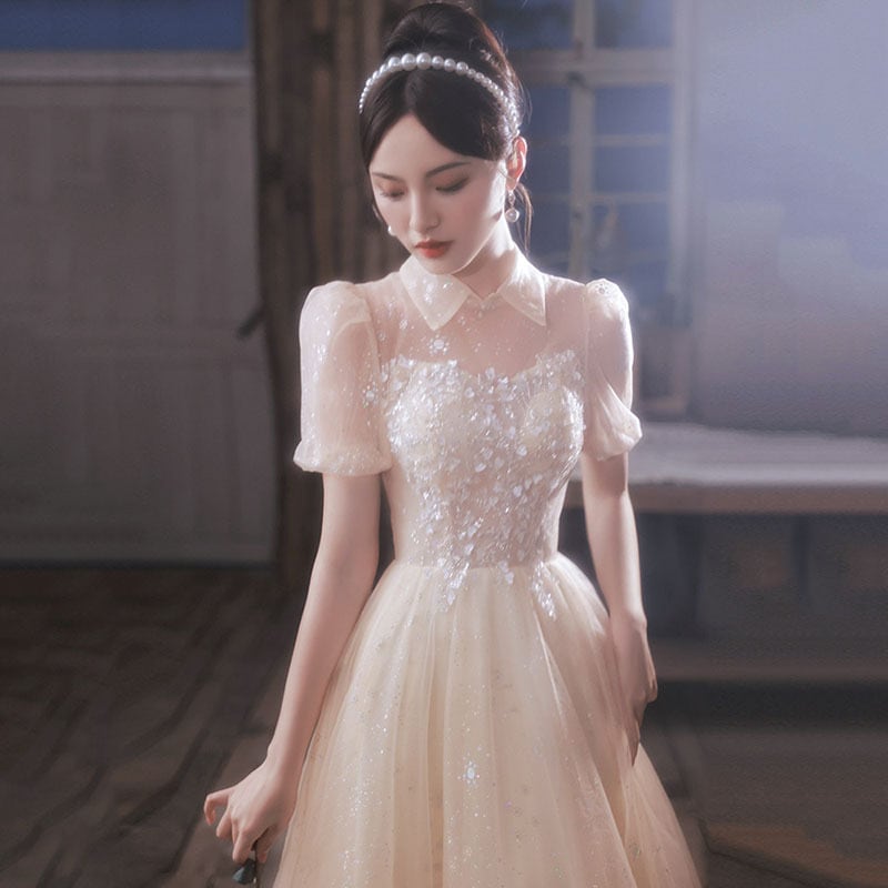 結婚式 パーティードレス 発表会ドレス シャンパン色のレディースドレス新作宴会用上品な雰囲気の婚約ドレス誕生日小柄な方向け晩秋