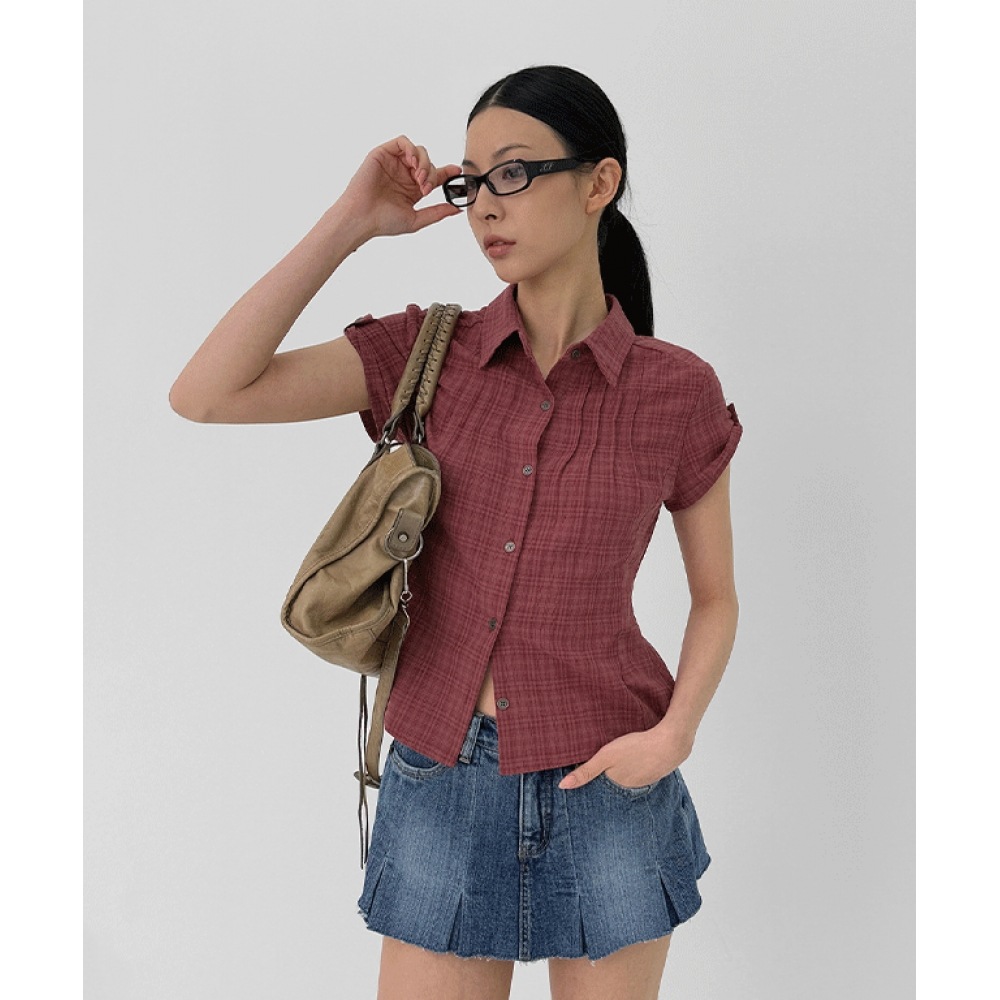 ブラックアップフーポロールアップ半袖チェックシャツ (30% リネン)