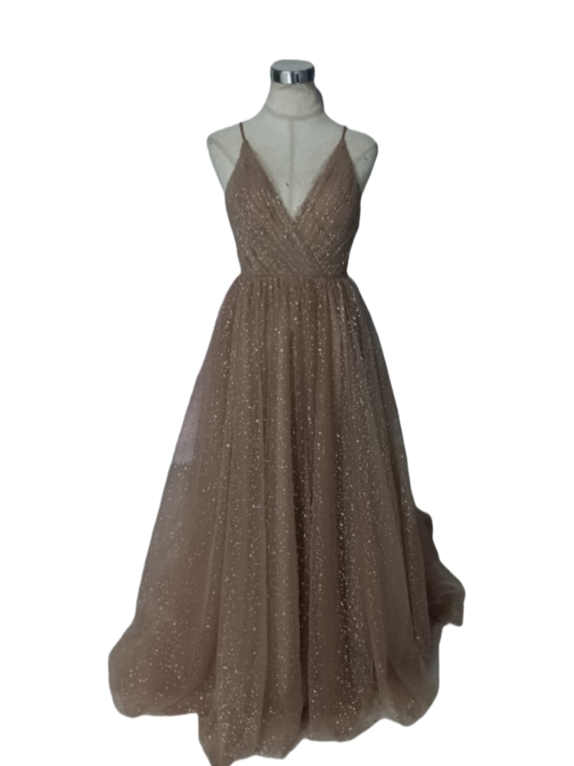 カラードレス シャンパン色 Vネック キャミソール キラキラチュール 優雅なシルエット