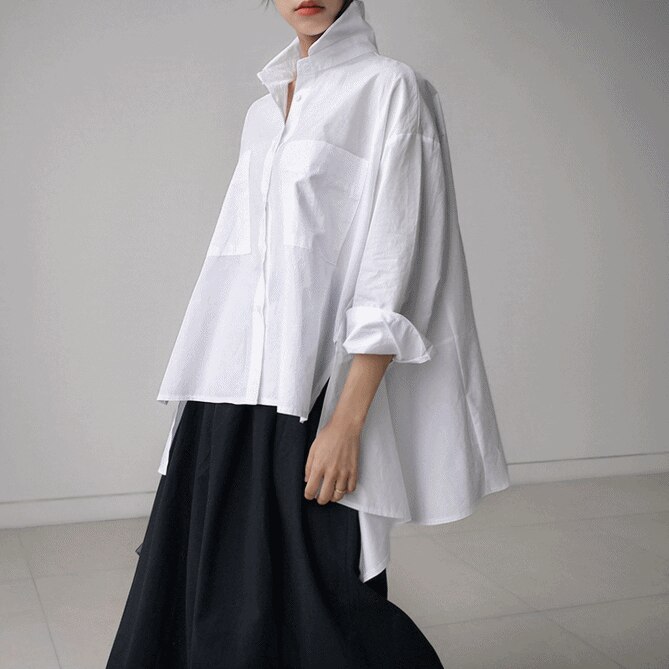 シャツ ブラウス 長袖 ドロップショルダー ボリューム バックシャン きれいめ シンプル かっこいい モード系 エレガント 春 秋 冬 入学式 卒園式 マタニティ オフィス フォーマル XL