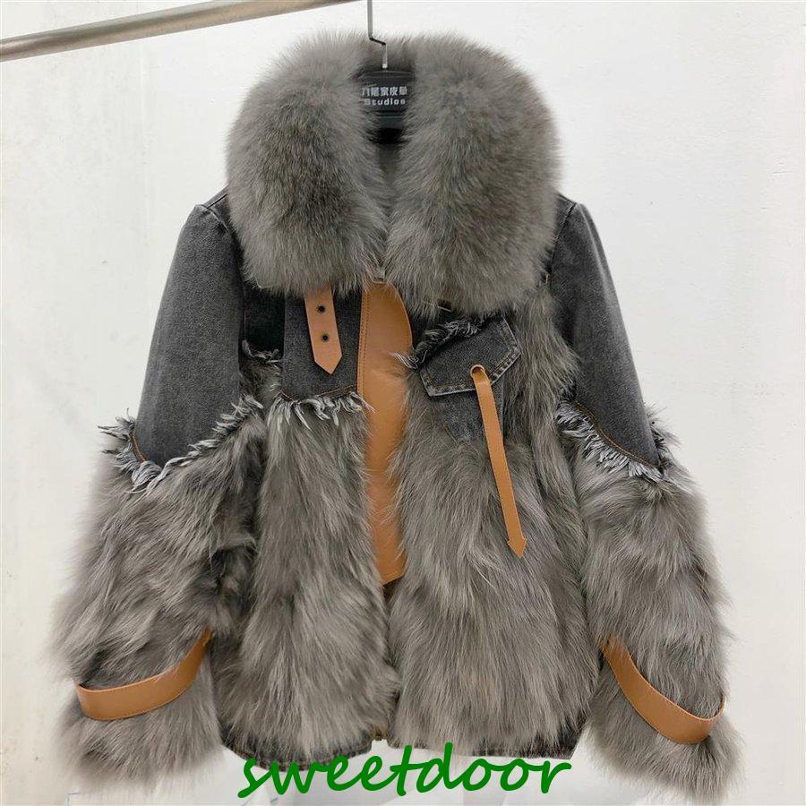 レディースファッション 冬と秋の厚手のライナーの模造キツネの毛皮の襟のステッチは通勤のインを克服するために洗った革のデニムの毛皮のコート