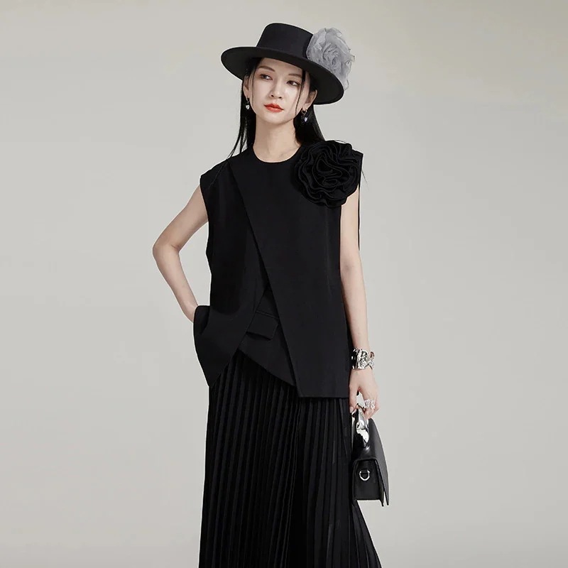 【J.Fashion】 ノースリーブ 花飾り ブラウス ベスト 個性的なデザイン 関連商品は店で購入可能 メガ割30%までに制限