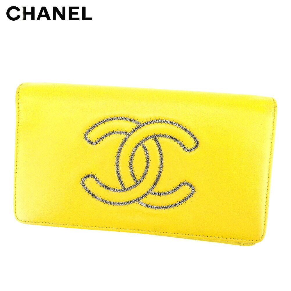 長財布 ファスナー付き 財布 チェーンココマーク オールドシャネル イエロー シルバー 中古