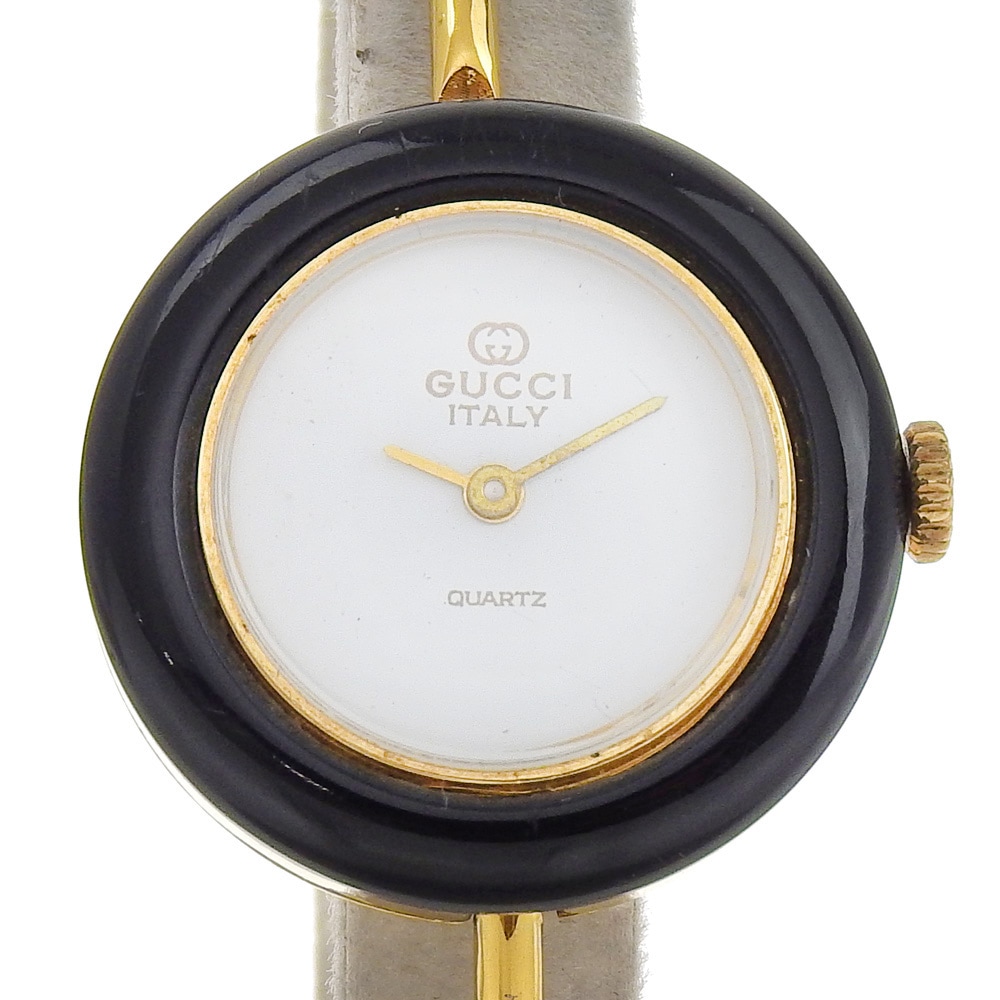 チェンジベゼル 腕時計 金メッキ クオーツ アナログ表示 レディース 白文字盤 中古品