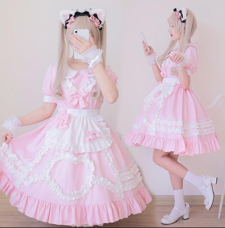 ロリータワンピース メイド服 ピンク ハロウィン コスプレ衣装 レディース 大人 女子 学生 可愛いドレス 膝丈 ワンピース ショート丈 リボン 可愛いワンピース 女の子 高校生 萌え萌え コスチュー
