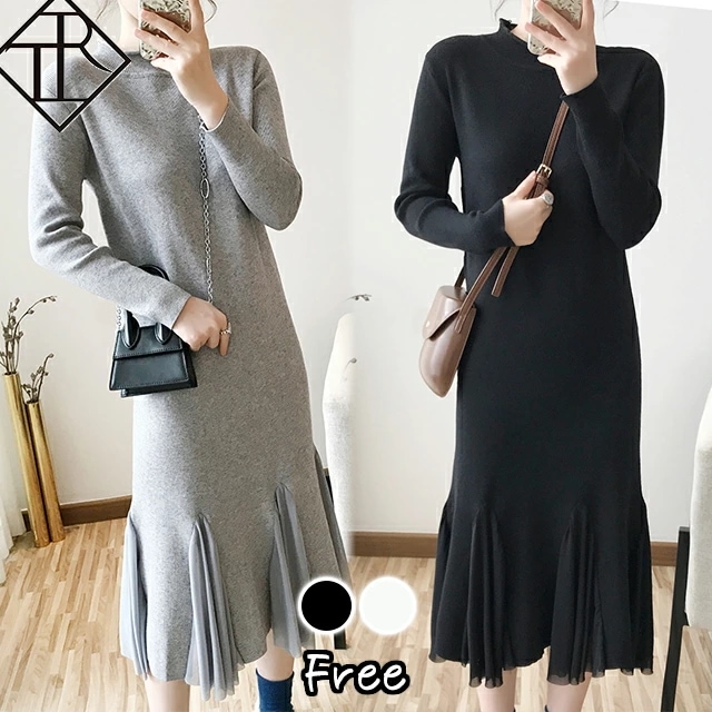 【即納】ワンピース レディース ニットワンピース 秋冬 ロングワンピース 長袖 秋 ニット ワンピース 大きいサイズ ワンピース ひざ丈 ハイネック 長袖 マーメイド シンプル 裾 切り替え シフォン