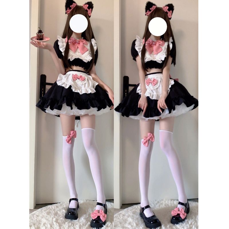 メイド服 コスプレcosクラッシュカラーバブルスリーブリボントップス着痩せショートスカート夏レディース ドレス 韓国ファッション ハロウイン