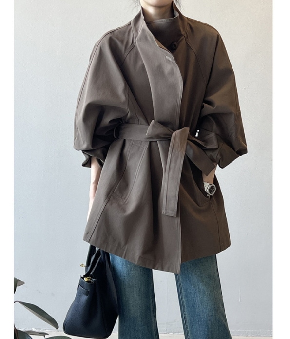 スタンドカラートレンチコートレディース春秋レトロタイウエストミドル丈コート小さいサイズゆったりコート379
