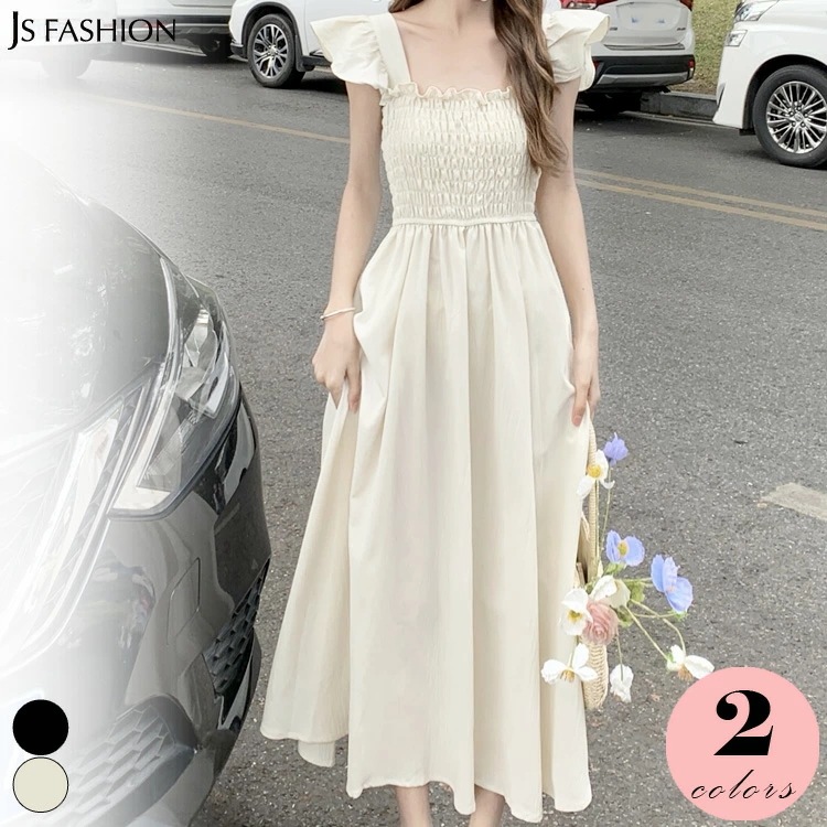 胸元 シャーリング ワンピース 白ワンピース 黒 マキシワンピ 全2色 肩フリル ノースリーブ ロング丈 ロングワンピ ウエストゴム Aラインワンピ 無地 おしゃれ きれいめ キャミワンピ フェミニン