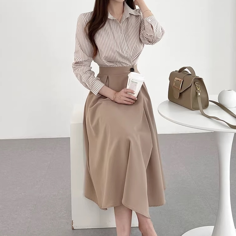 フェイクツーピース レディース スカート ワンピース シャツ シャツワンピ フレアスカート ロングスカート ミモレ 長袖 襟付き スリム 細身 Aライン スマート ハイウエスト ボタン かわいい